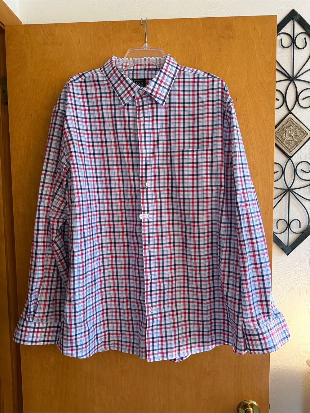 Jos. A. Bank traveler mens blue, red and white plaid button down  shirt.
